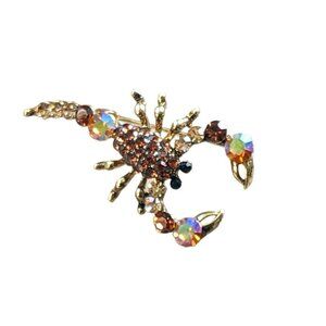Vintage Lobster Pin Brooch Iridescent Crystal AB Rhinestone Diamond Gold Tone